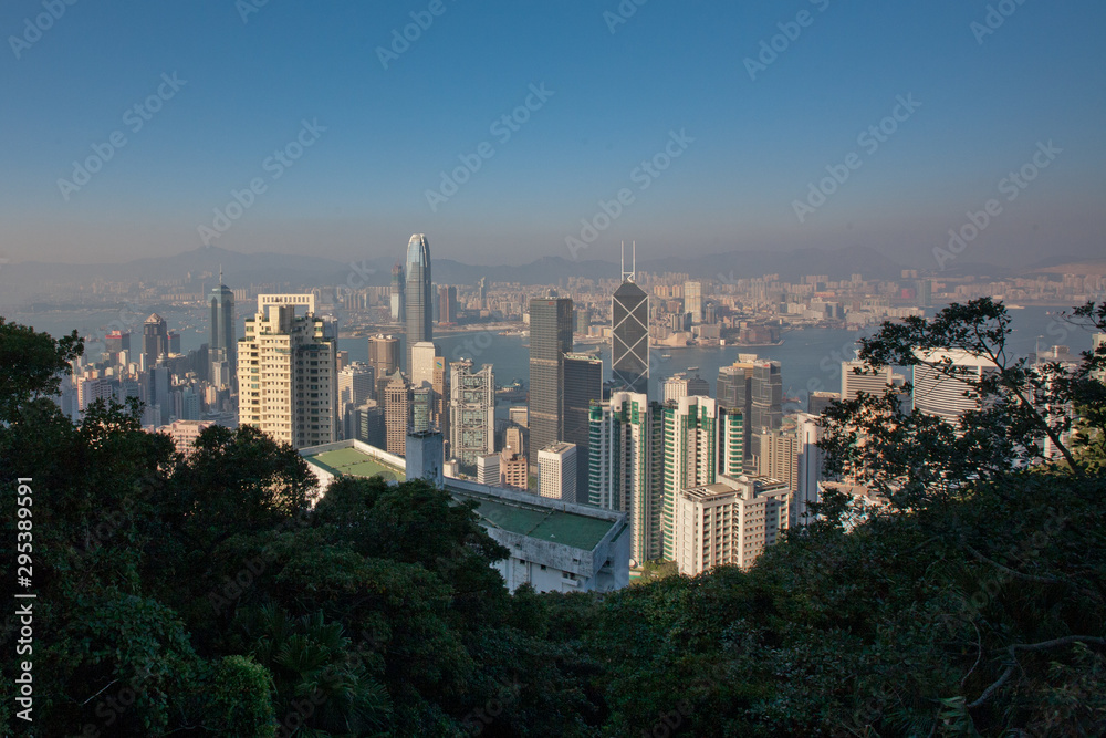 Obraz premium Aerial view of Hong Kong against blue sky