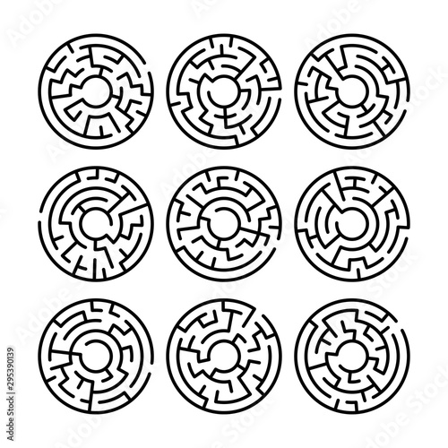 Set of vector simple black maze circles. Simple black labyrinth. Vector maze symbol. Labyrinth isolated on white background. Abstract decoration design. Modern geometric background. Education game.