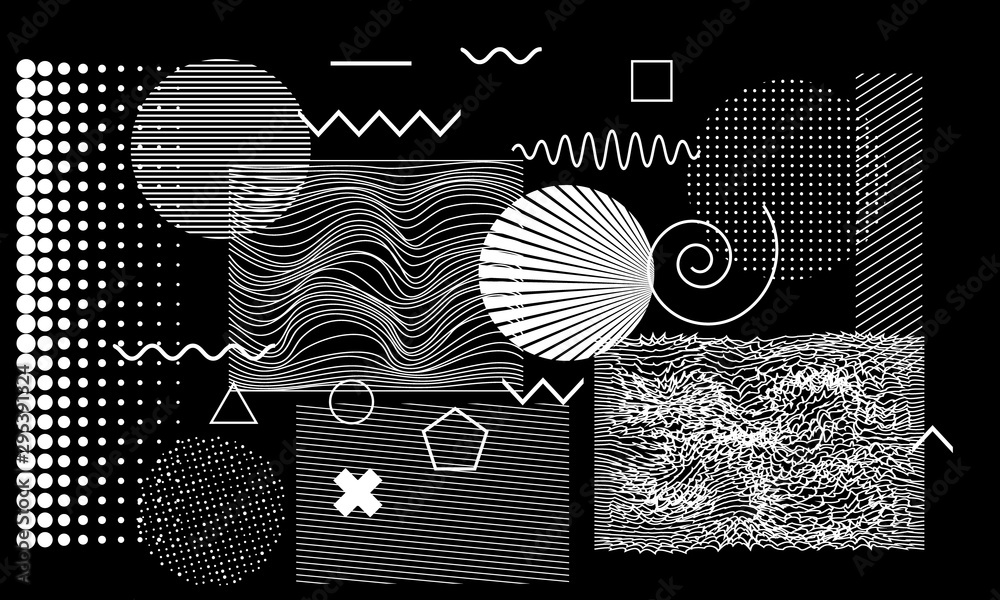 Fototapeta Abstract white geometric art shapes on black background for collage.