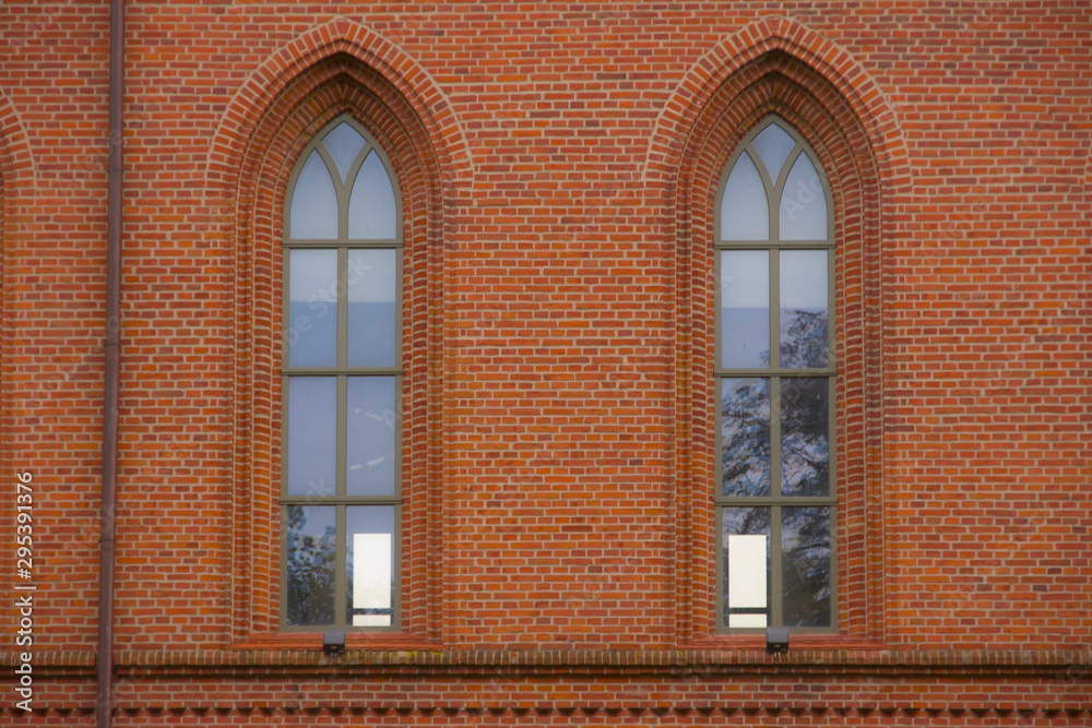 Vertical arched, gothic castle windows, architecture, glass, wall, bricks, reflections