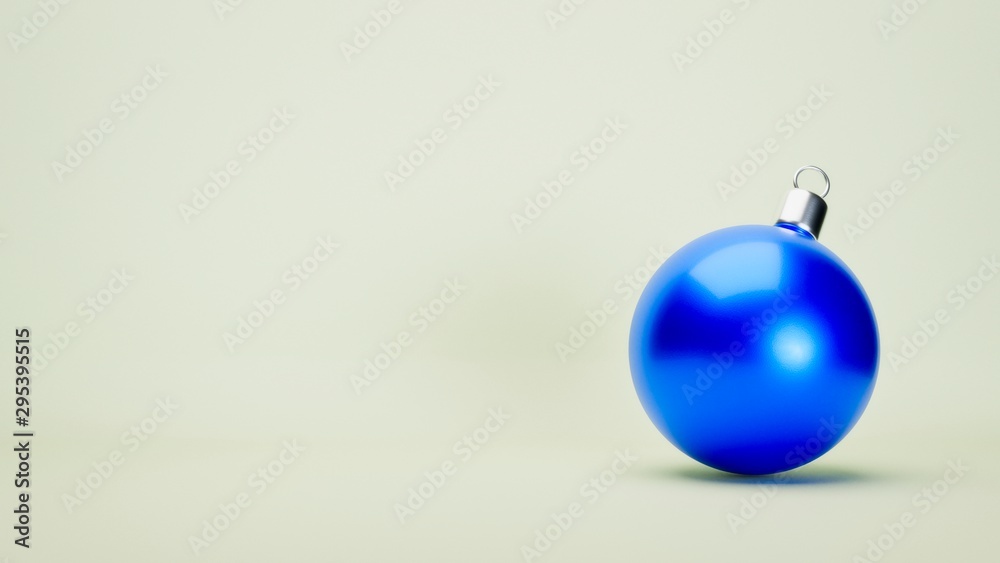 3D illustration. Blue Christmas ball on light green background with left copy space 3D illustration. Blue Christmas ball on light green background with left copy space