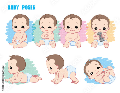 Cute baby, Infant boy. Poses set. Vector illustration.