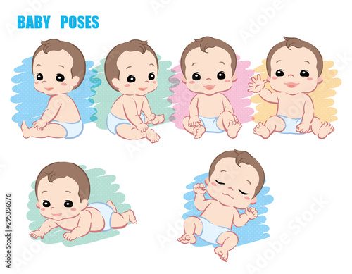 Cute baby, Infant boy. Poses set. Vector illustration.