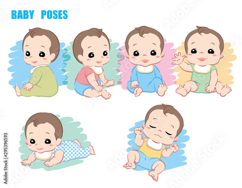 Cute baby, Infant boy. Poses set. Vector illustration.