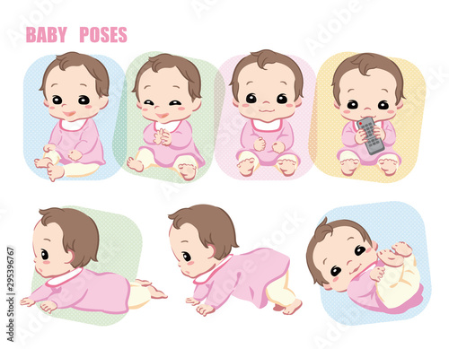 Cute baby, Infant girl. Poses set. Vector illustration.