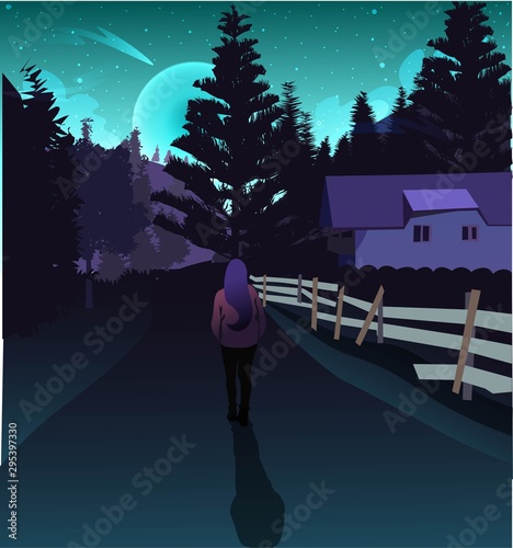 Woman traveling in a mountain forest under the twilight and lights of the aurora borealis. Magic blue and purple modern neon northern lights illustration. Futuristic fantasy vector