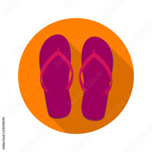 Beach slippers, flip flops, sandals. Flat icon with long shadow on orange round background. Flat design style. Vector illustration. EPS10.