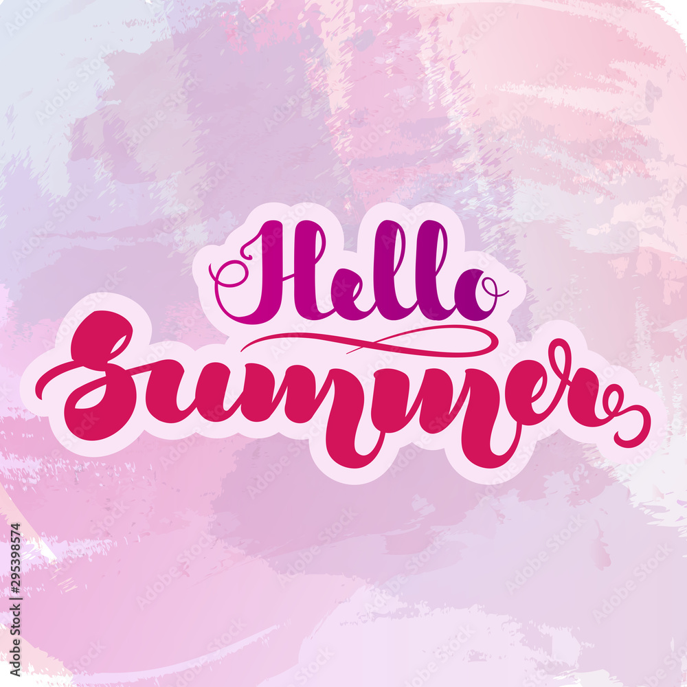 Hand lettering Hello Summer on purple watercolor background. Template for posters, cards and other printed products. Vector illustration. EPS10.