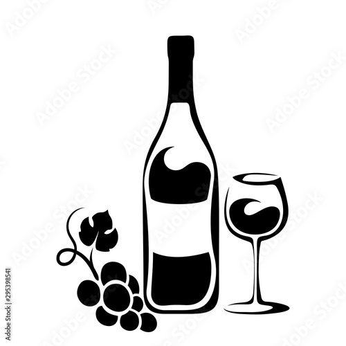 Vector black silhouette of a wine bottle, a wineglass and a grape vine isolated on a white background.