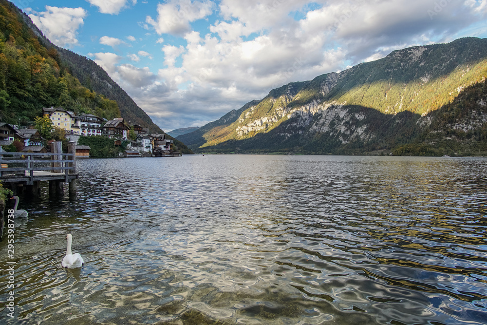  The beautiful lake at the famous village of Hallstatt in Austria.  This lake is surrendered by mountains and the village located on its shore.  