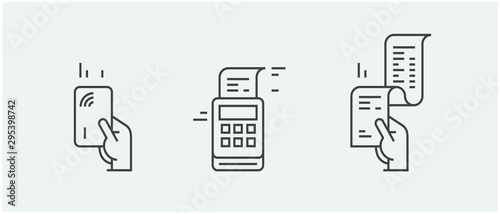Set of payment options vector elements in flat style. Credit card processing, hand holding debit-credit card, cash and receipt.