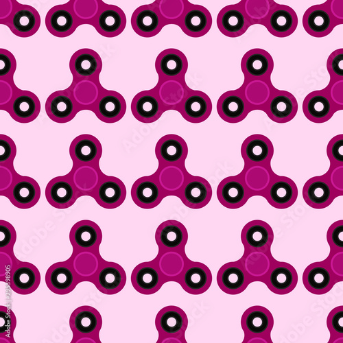 Fidget spinner. Hand toy for stress relief. Seamless pattern with purple spinners for wrapping paper, wallpaper, web page background and more. Vector illustration. EPS10.