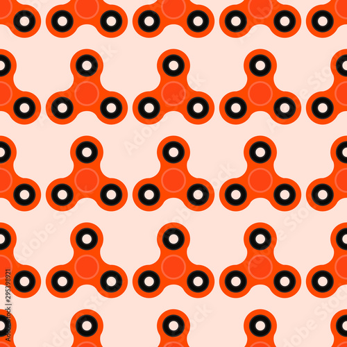 Fidget spinner. Hand toy for stress relief. Seamless pattern with orange spinners for wrapping paper, wallpaper, web page background and more. Vector illustration. EPS10.