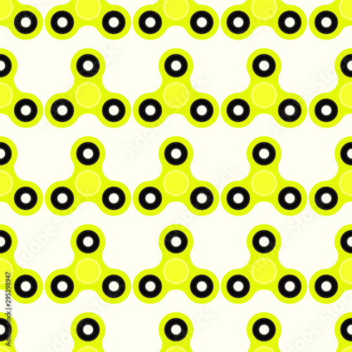 Fidget spinner. Hand toy for stress relief. Seamless pattern with yellow spinners for wrapping paper, wallpaper, web page background and more. Vector illustration. EPS10.