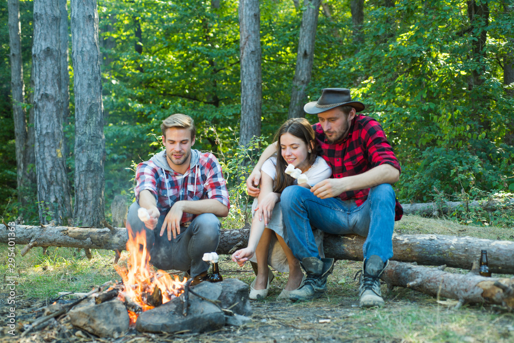 Happy young friends having picnic in the country. Company friends picnic or barbecue roasting marshmallows near bonfire. Happy young friends having picnic in the country. Company friends picnic or barbecue roasting marshmallows near bonfire.