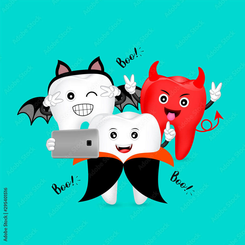 Funny cartoon Halloween tooth character taking selfie. Dracula, bat and  devil. take a photo with mobile phone. Dental care concept. Illustration  isolated on blue background. Stock Vector | Adobe Stock