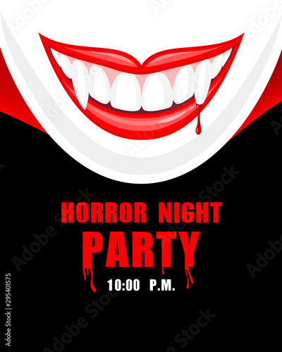 Vampire teeth and blood. Horror night party, halloween concept. Illustration for invitation card, poster, banner.