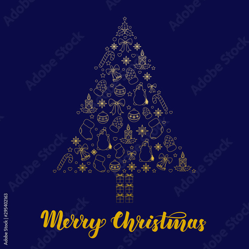 Abstract stylized christmas tree with gold contour on dark blue background. Vector illustration for greeting cards, invitations, gift wrapping and other thematic products.