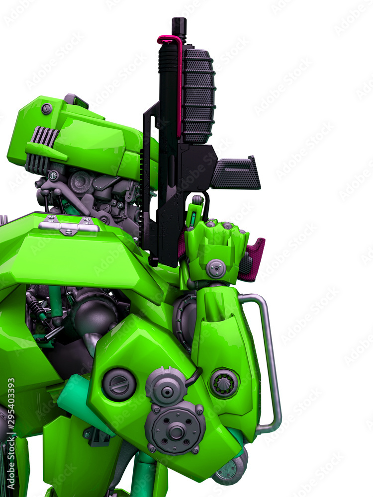mechanical soldier holding a gun close up