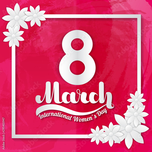 8 March. Greeting card in the style of paper applique on pink background.
