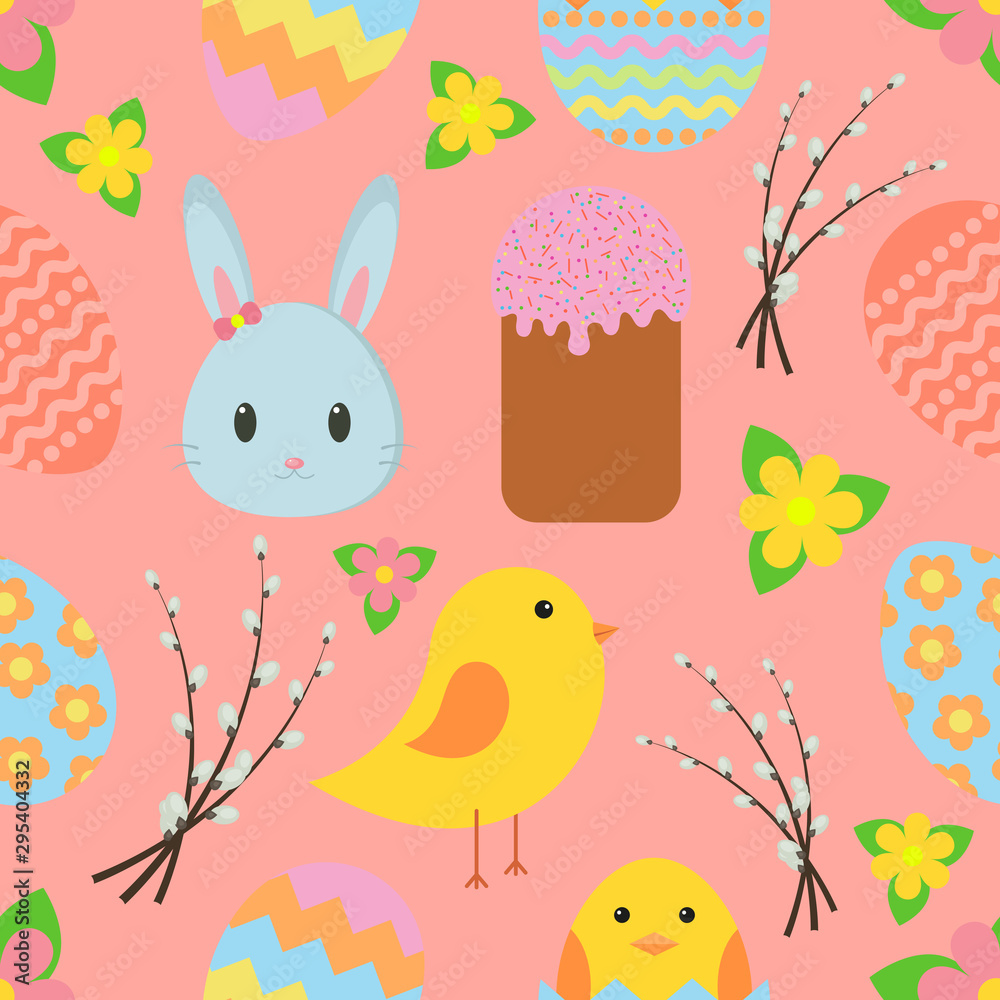 Easter. Seamless pattern with traditional Easter symbols for wrapping paper, wallpaper, web page backgrouns and more.