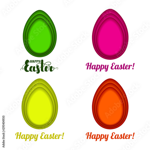 Set of colorful Easter eggs in the style of paper art. Vector illustration isolated on white background.