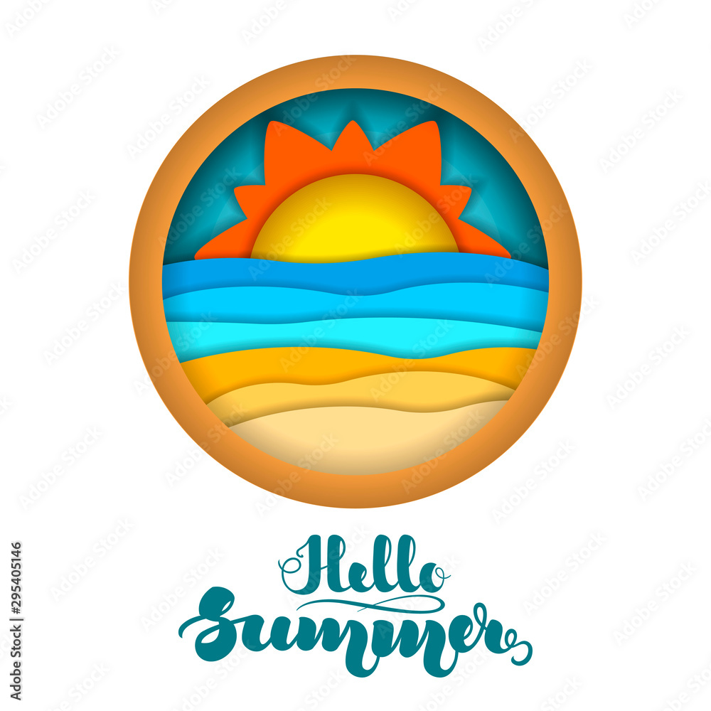 Multilayered summer landscape. Summer beach. Paper art, paper cut, 3d origami style. Vector illustration isolated on white background for advertising banners, flyers, posters, leaflets and more.
