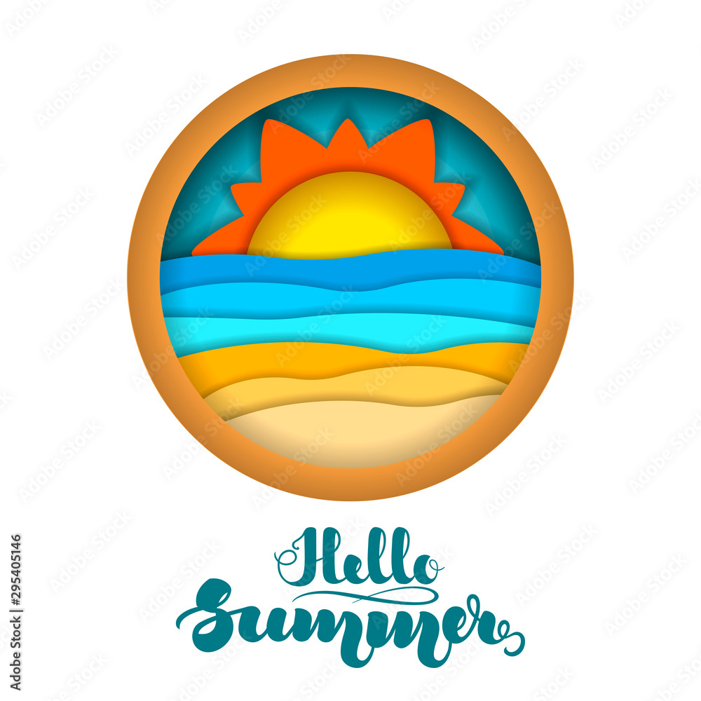 Multilayered summer landscape. Summer beach. Paper art, paper cut, 3d origami style. Vector illustration isolated on white background for advertising banners, flyers, posters, leaflets and more. Multilayered summer landscape. Summer beach. Paper art, paper cut, 3d origami style. Vector illustration isolated on white background for advertising banners, flyers, posters, leaflets and more.
