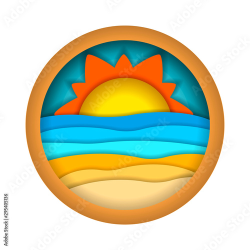 Multilayered summer landscape. Summer beach. Paper art, paper cut, 3d origami style. Vector illustration isolated on white background for advertising banners, flyers, posters, leaflets and more.