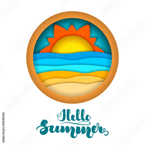 Multilayered summer landscape. Summer beach. Paper art, paper cut, 3d origami style. Vector illustration isolated on white background for advertising banners, flyers, posters, leaflets and more.