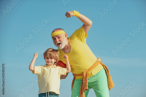 Fototapeta Naklejka Na Ścianę i Meble -  Rehabilitation. Young - old workout. Active healthy life for family. Active family enjoy sport and fitness. Family sport.