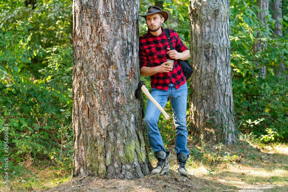Firewood as a renewable energy source. Lumberjack with axe on forest background. Deforestation is a major cause of land degradation and destabilization of natural ecosystems. Firewood as a renewable energy source. Lumberjack with axe on forest background. Deforestation is a major cause of land degradation and destabilization of natural ecosystems.