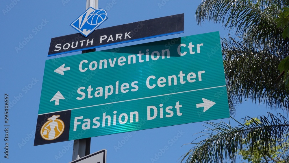 Sign post in downtown LA with directions to Los Angeles Convention