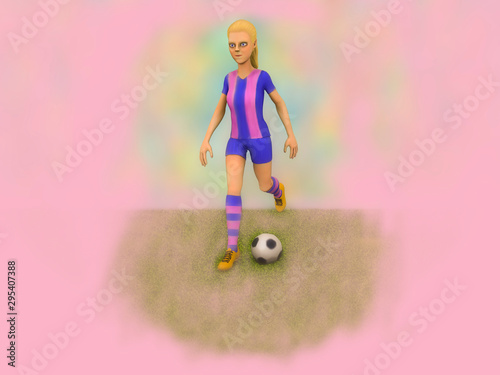 3d illustration girl plays football on a pink background