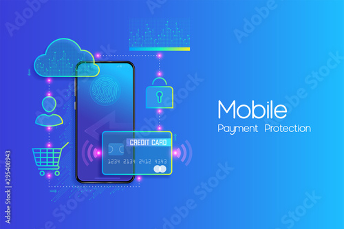 Online Mobile Banking and Internet banking flat design concept , Cashless society, security transaction via credit card and digital payment with secure system vector