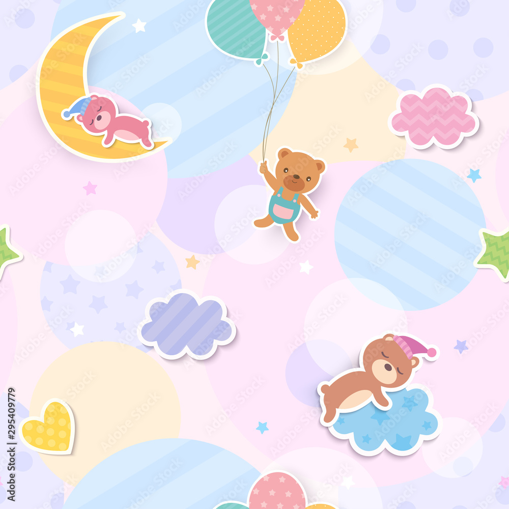 Illustration vector of cute bear and balloon and clouds design to seamless pattern
