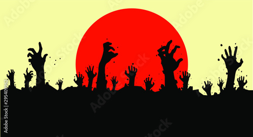 Vector illustration, Flat Style, Horror halloween backgroud, silhouette of zombie hands come out of the ground or the cemetery on top there is a full moon, can use for card, poster, banner, invitation