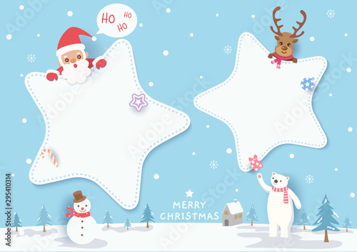 Merry Christmas with star frame, santa claus and reindeer on snowy background.