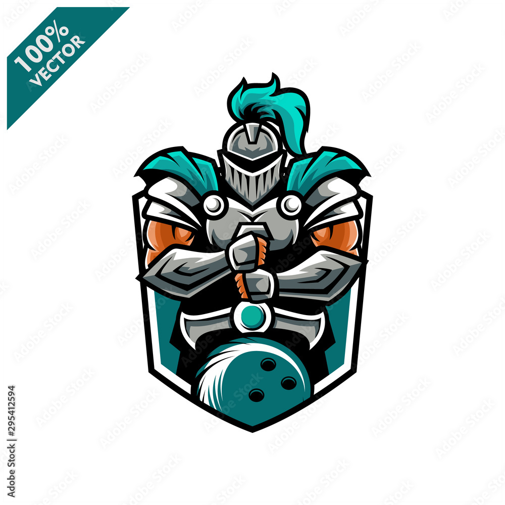 Vector sport logo, knight illustration and bowling on the shield background. Logo for sport club or team. Vector illustration Vector sport logo, knight illustration and bowling on the shield background. Logo for sport club or team. Vector illustration