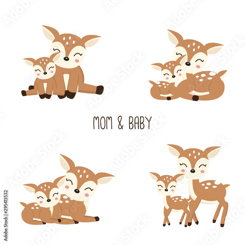 Cute Cartoon Deer family. Mother and baby. Fototapeta