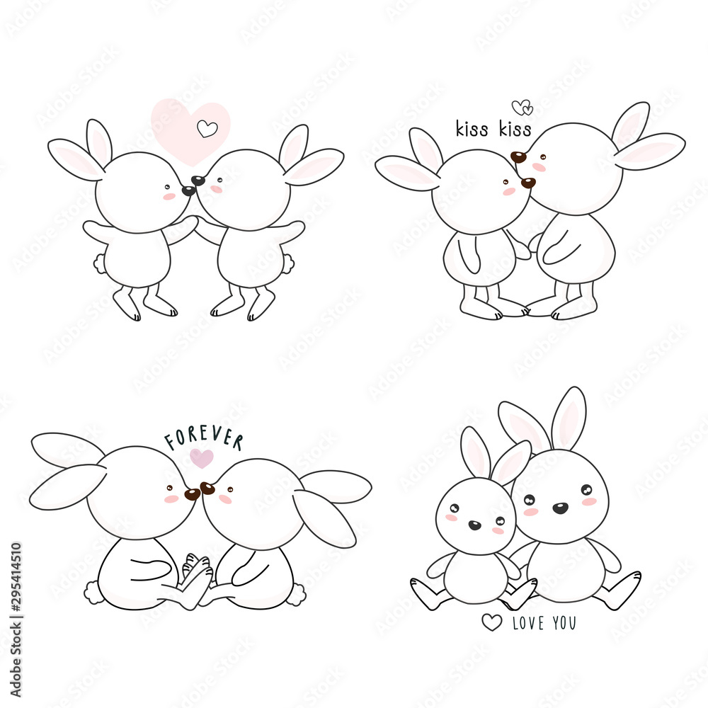 Obraz premium Set of lovely cartoon white rabbit fall in love .