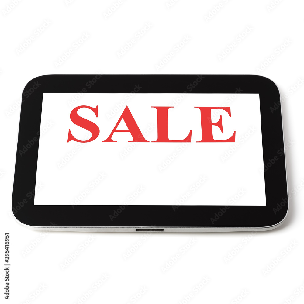 Tablet computer on white background, black frame, white screen lettering sale, isolated. Tablet computer on white background, black frame, white screen lettering sale, isolated.
