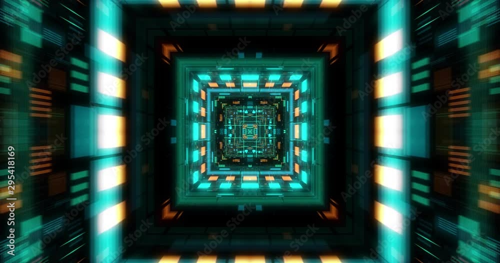 Quantum computer environment with digital technology, processing unit of an advanced Artificial intelligence. Flight through flow of digital information tunnel / cloud computing. loop / 3D render