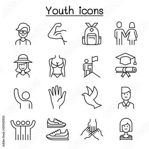 Youth icon set in thin line style