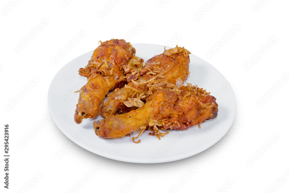 Fried Chicken Drumstick on white dish,isolated on white background,clipping path Fried Chicken Drumstick on white dish,isolated on white background,clipping path