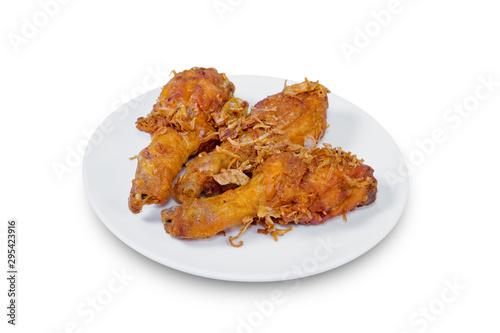 Fried Chicken Drumstick on white dish,isolated on white background,clipping path