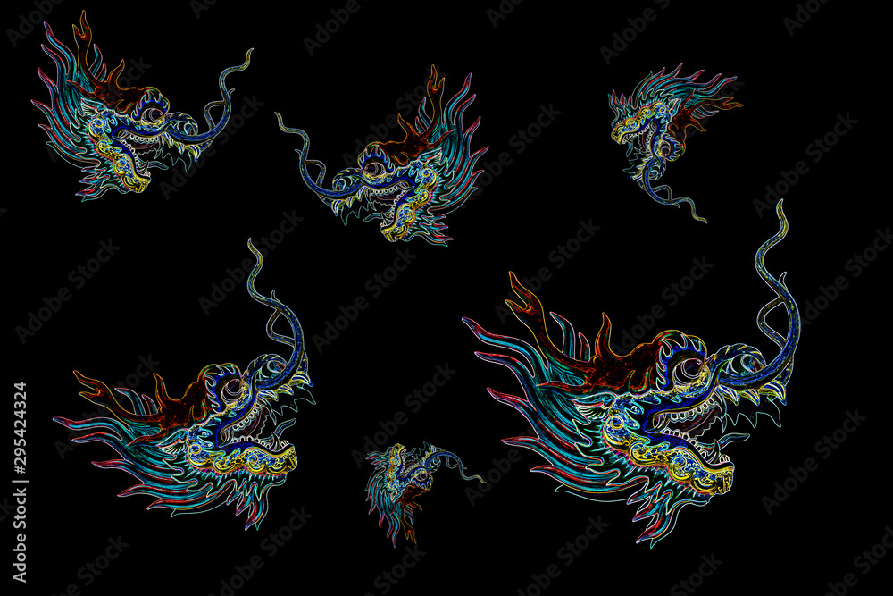 Fototapeta Abstract colorful head dragon isolated on black background