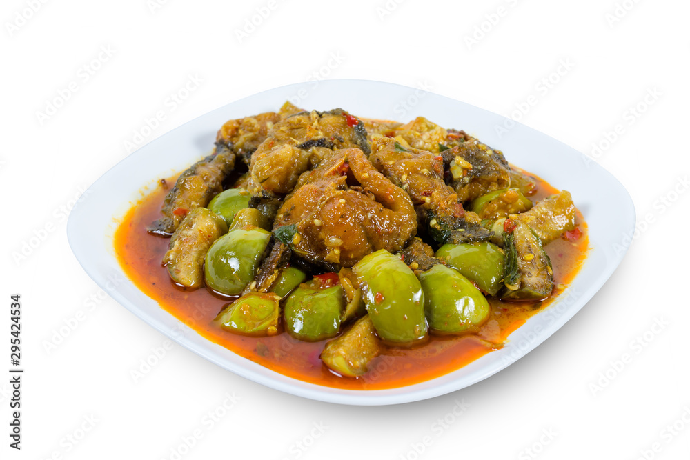 Spicy Fried Stir Catfish isolated on white background,clipping path Spicy Fried Stir Catfish isolated on white background,clipping path