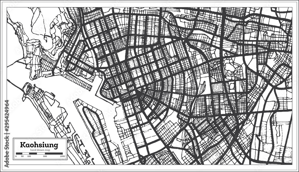 Kaohsiung Taiwan Indonesia City Map in Black and White Color. Outline Map.