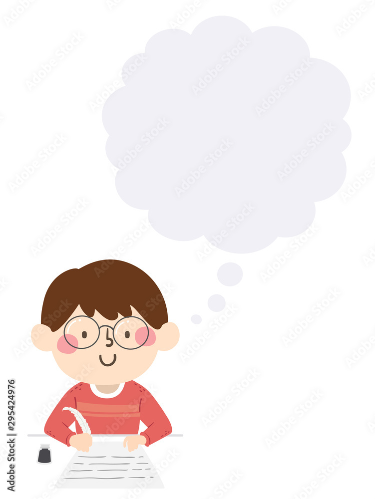 Kid Boy Write Quill Thinking Cloud Illustration Kid Boy Write Quill Thinking Cloud Illustration
